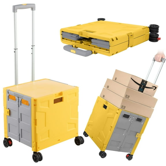 Foldable Shopping Utility Cart Portable Rolling Crate Handcart with 360°Rotate Wheel,Hidden Lid,Telescoping Handle Collapsible for Travel Shopping Moving Storage Office Use(Yellow/Gray)