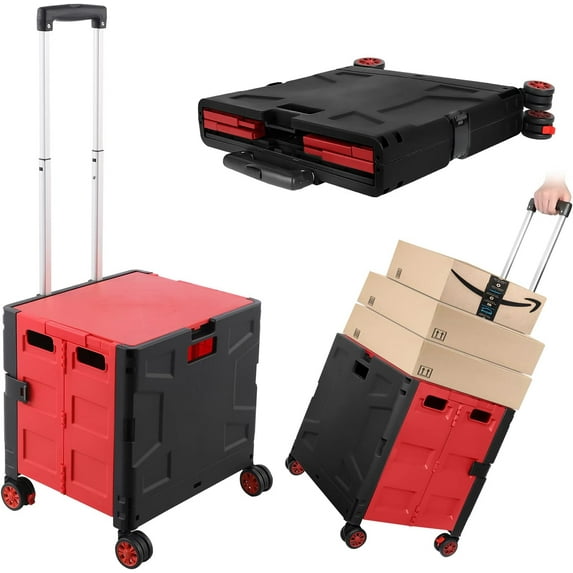 Foldable Shopping Utility Cart Portable Rolling Crate Handcart with 360°Rotate Wheel,Hidden Lid,Telescoping Handle Collapsible for Travel Shopping Moving Storage Office Use(Black/Red)