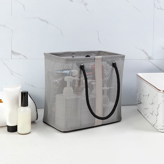 Foldable Shower Caddy Toiletry Bag, Metal Frame Mesh Travel Organizer with Handle, Quick-Dry Bathroom Storage Basket, Gray 10.24x9.84x6.3 in