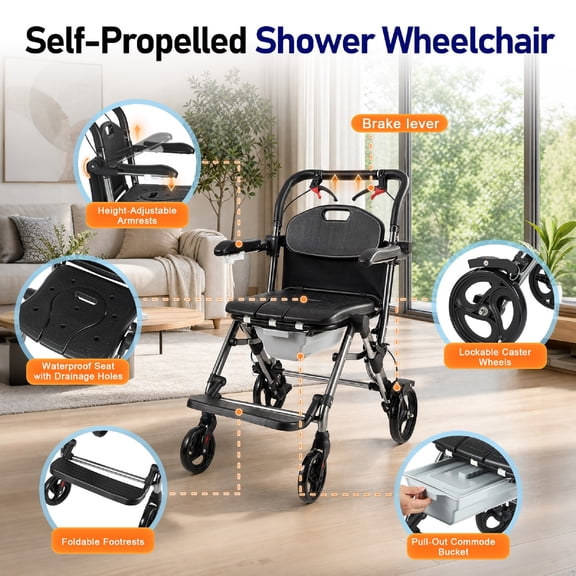 Foldable Shower Chair with Wheels, Rolling Shower Wheelchair Bedside Commode Chair with Arms