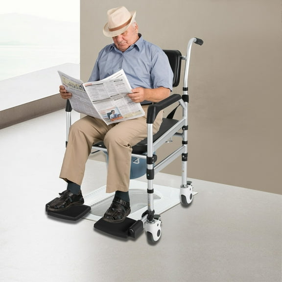 Foldable Shower & Commode Chair with 4 Wheels, 352 lbs Capacity, Adjustable Height & Bidet, Black Silver