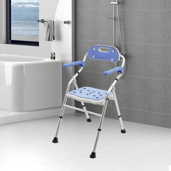 Foldable Shower Seat for Elderly and Disabled Adjustable Height, 330 Lbs Capacity, with Armrests and Cushioned Seat Space-Saving Aluminum Alloy Frame