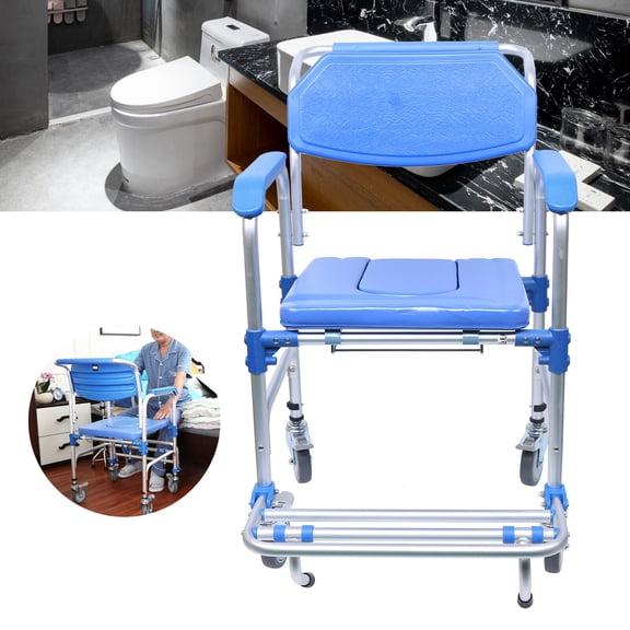 Foldable Shower Wheelchair,Elderly Potty Transport Chair,350lb Beside Commode Bath Wheelchair Hight Adjustable,Flip Up Footrests Perfect for Handicap Disabled Travel Use
