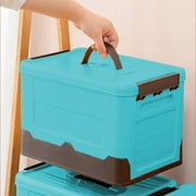 Foldable Side-Opening Storage Box with Lid & Wheels, Collapsible Plastic Toy Car Organizer Crate, Portable Camping Storage Bin with Handles for Home Garage Outdoor Travel Blue