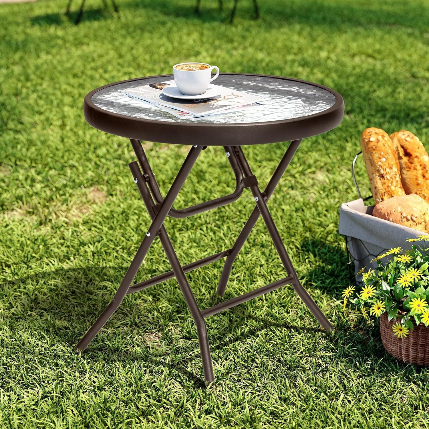 Foldable Side Table with Tempered Glass Top 18" Outdoor Folding Side ...