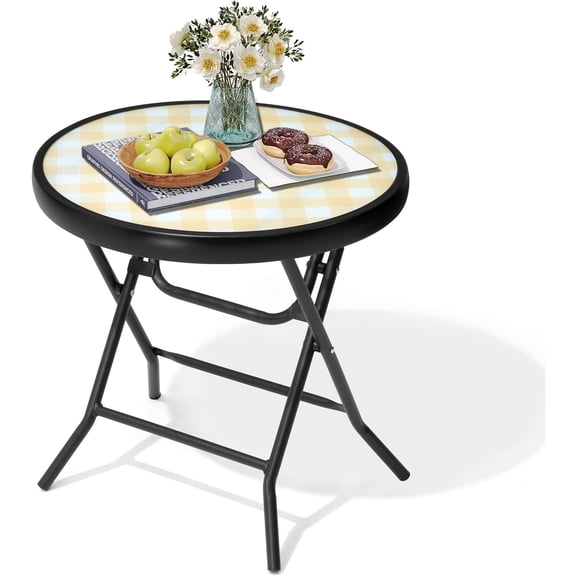 Foldable Side Table with Tempered Glass Top 18" Outdoor Folding Side Tables Small Glass Patio Table for Porch Yard Balcony Deck Lawn Dining Garden (Black and White Stripe)