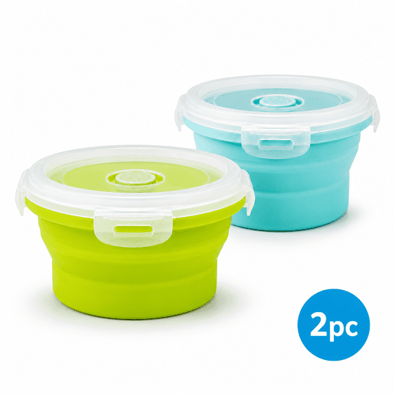 Foldable Silicone Round Lunch Container Set 2-Pack, Collapsible Food Storage Boxes, Heat Resistant Meal Prep Bowls for Kitchen, Leak-Resistant Portable Bento Containers, Nordic Colors