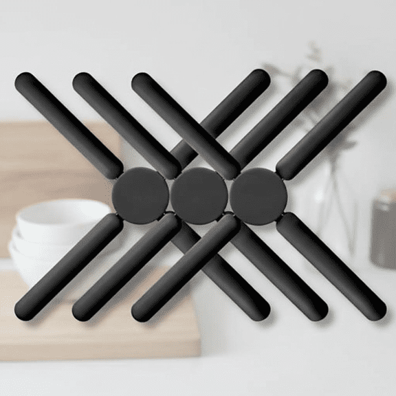 Foldable Silicone Trivets 3-Pack, Non-Slip Collapsible Cross Design Expandable Pot Holders for Kitchen, Compact Heat Resistant Mats, Black