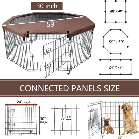 Foldable Silver Metal Dog Exercise Playpen Gate Fence Dog Crate 8 Panels 30 Inch Height Puppy Kennels with Top Cover for Animals Outdoor Indoor (with top Cover, 8 Panels 30" H)