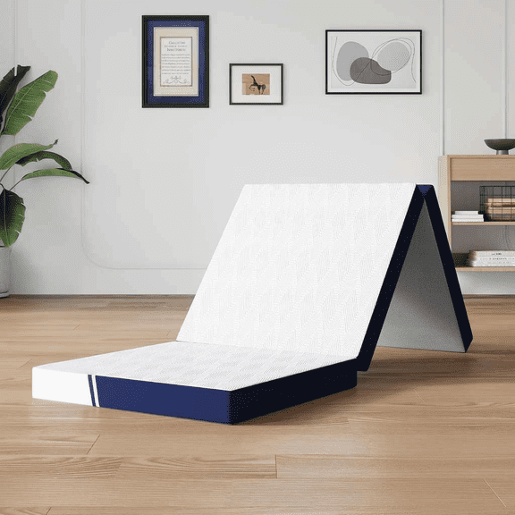 Foldable Single Mattress Topper 4 Inch Memory Foam Trifold with Removable Cover Blue