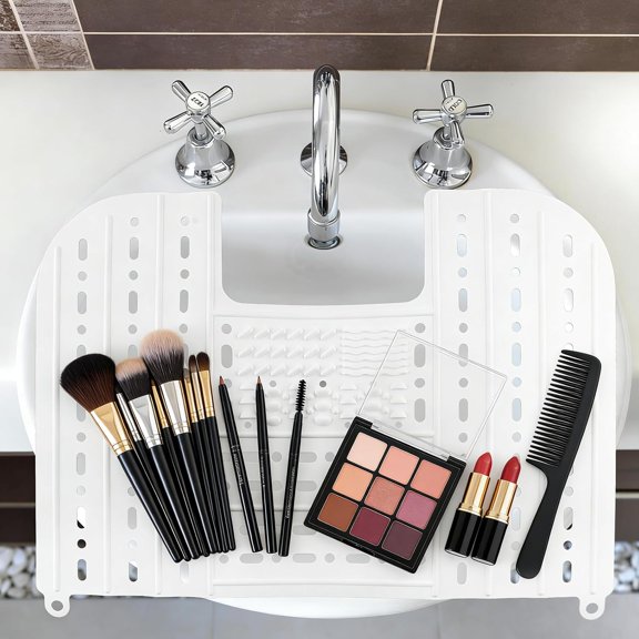 Foldable Sink Cover - Silicone Beauty Makeup Brush Cleaning Mat Tools Organizer with Hanging Loop - for Extra Space & Storage Saver - White