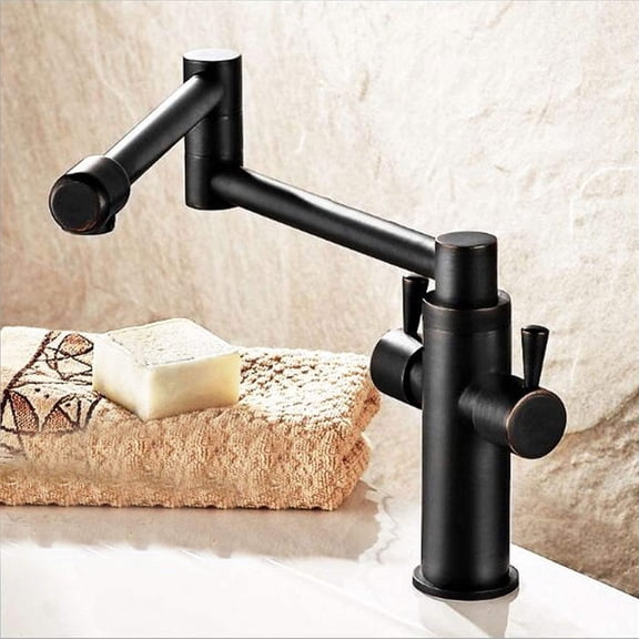Foldable Sink Mixer Faucet 360 Swivel Kitchen Tap with Aerator Hot and Cold Adjustable Retro 2 Lever Brass Faucet for Restaurant Hotel Toilet Restroom Dorm Black