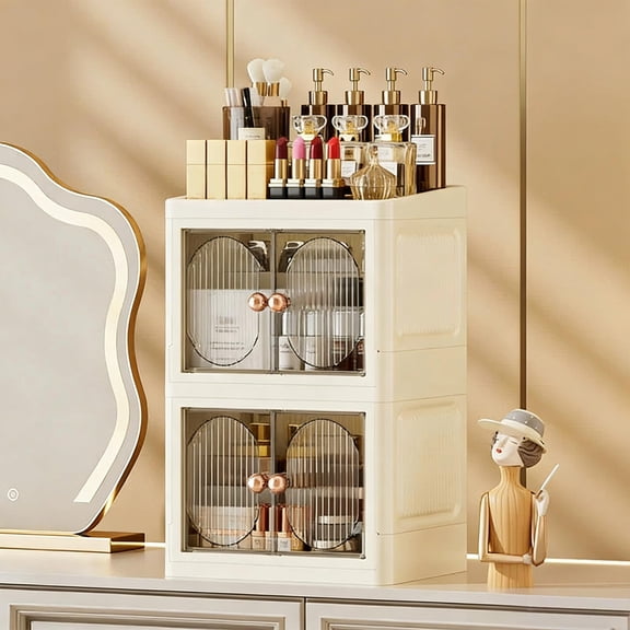 Foldable Skincare & Makeup Storage Cabinet | Double Door Organizer, Stackable Modular Design, Waterproof Plastic, Large Capacity, Gray/White/Clear | 36x23x20cm Desktop Solution