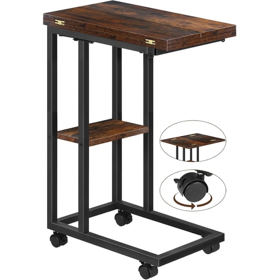 Foldable Small Side Table - C Shaped Couch End Table with Storage Shelf and Wheels, Expandable Wooden Snack Tray Table for Living Room Bedroom Sofa Bedside Chair Small Spaces Rustic Brown