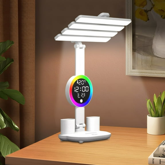 Foldable Smart LED Desk Lamp – Multi-Functional with RGB Ambient Light, Digital Clock/Temperature Display, Double Pen Holders & Mini Fan, Rechargeable for Dorm/Study/Bedroom