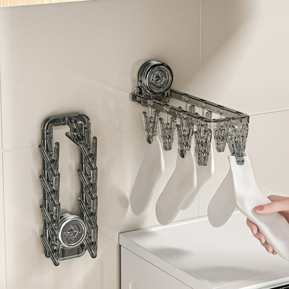 Foldable Sock Drying Rack with 9 Strong Clips and Suction Cup, Space Saving Laundry Hanger for Bras Underwear Scarves, Reusable Non-Marking Indoor Outdoor Drying Rack for Bathroom Dorm Hotel