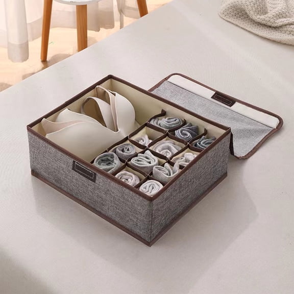 Foldable Sock & Underwear Organizer Box with Lid | 17/13 Cell Fabric Drawer Storage Case for Bras, Ties, Scarves | Gray Cotton Linen Closet Organizer