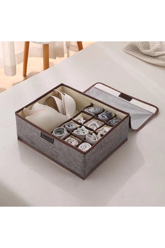 Foldable Sock & Underwear Organizer Box with Lid | 17/13 Cell Fabric Drawer Storage Case for Bras, Ties, Scarves | Gray Cotton Linen Closet Organizer