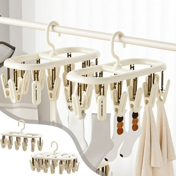 Foldable Socks Drying Rack with 12 or 20 Clips, Multifunctional Clothes Hanger for Socks, Underwear, Towels, Gloves, Space-Saving Organizer for Dormitory & Home, Beige Plastic