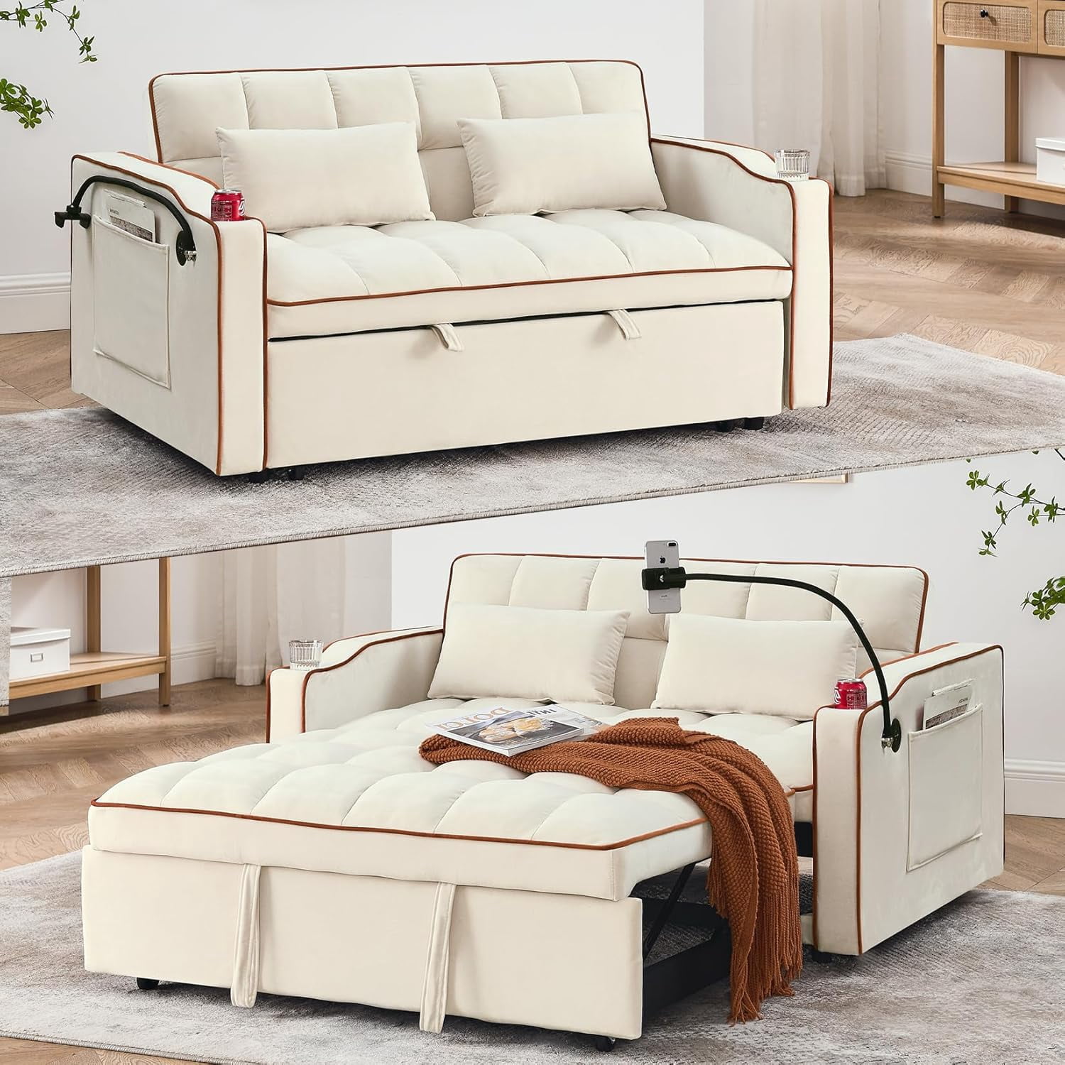 Foldable Sofa Bed with 2 USB Charging Ports, Pull Out Velvet Loveseat ...