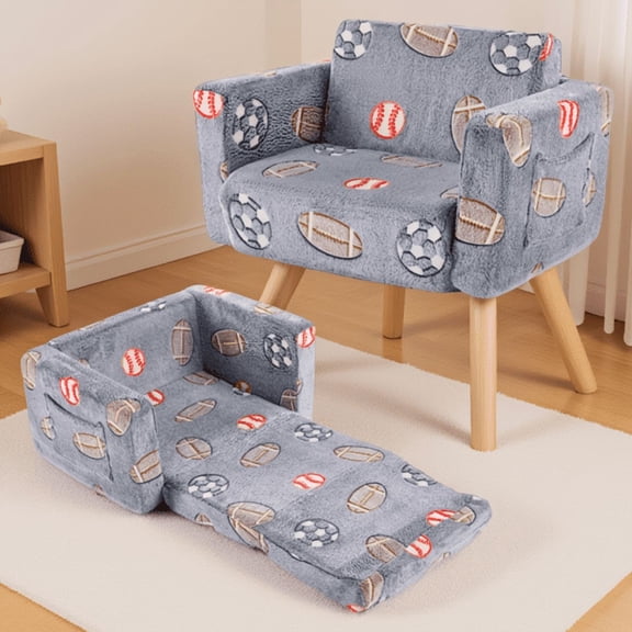 Foldable Sofa Bed, 2-in-1 Convertible Lounger Chair with Glow-in-the-Dark Sports Ball Print, Gray Blue, Ages 3-8