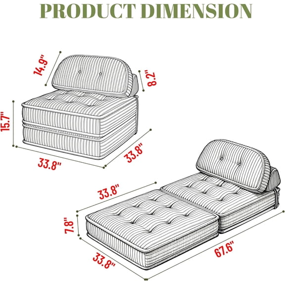 Foldable Sofa Bed in a Box, Portable Compressed Corduroy Convertible Twin Sleeper Chair with Full Foam Chaise Lounge for Living Room Bedroom Apartment ()