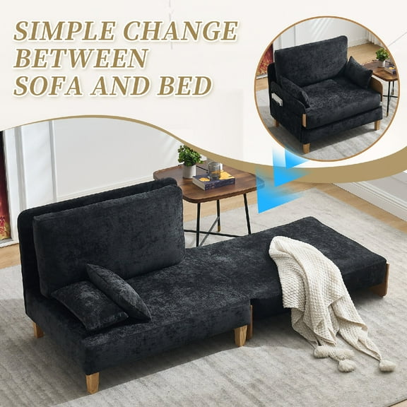 Foldable Sofa Bed Recliner, 3-in-1 Convertible Sleeper, Mid-century Modern Decor, Suitable for Small Spaces, with 3 Pillows, Can be Placed in the Bedroom, Study Room, Guest, Living Room, Black