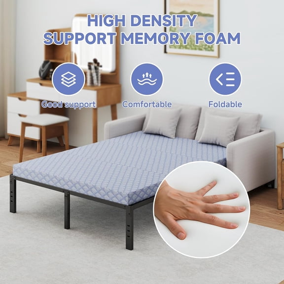 Foldable Sofa Bed Replacement Mattress Memory Foam 4 inch Pull Out Sofa Couch Bed Trifold Mattress Queen Size for Convertible Sleeper, 72" L x 59" W x 4" H, Grey