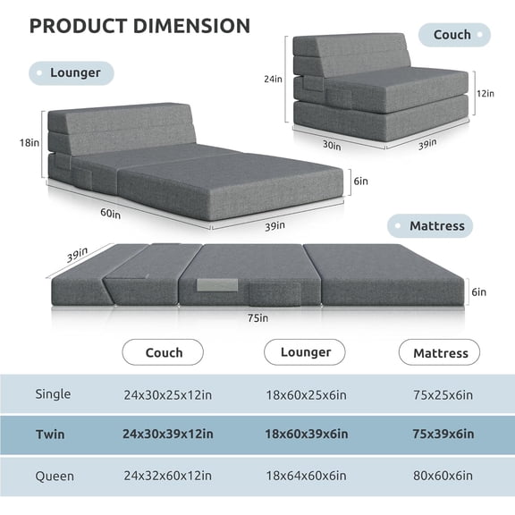 Foldable Sofa Bed Twin, Sleeper Couch with Washable Cover for Living Room and Guest Room