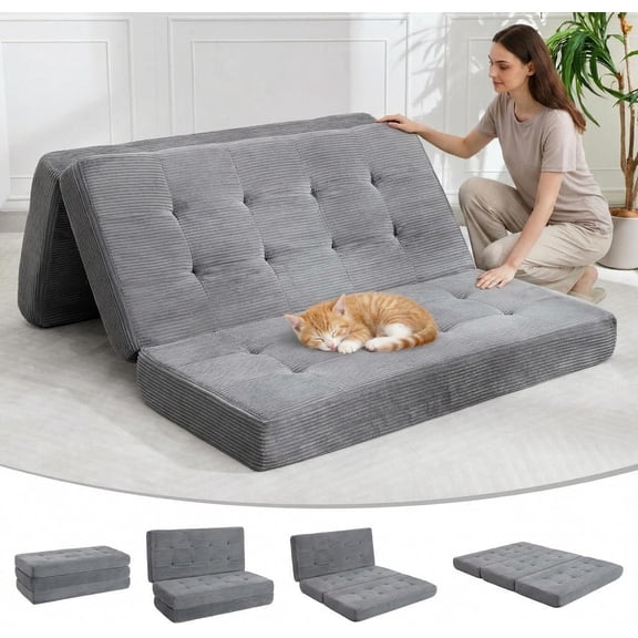 Foldable Sofa Bed with High-Density Foam, 3-in-1 Design for Living Room, Guest Room, or Camping – No Assembly Required, Easy to Store and Move, Gray