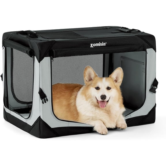 Foldable Soft-Sided Dog Crate with Breathable Mesh 30 Inch Portable Travel Kennel for Medium Dogs, Grey