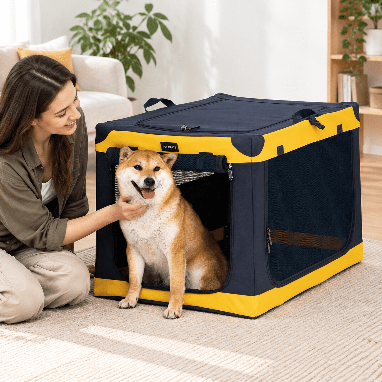 Foldable Soft-sided Dog Crate for Large Dogs, Blue+Yellow, 36.0"L x 24. ...