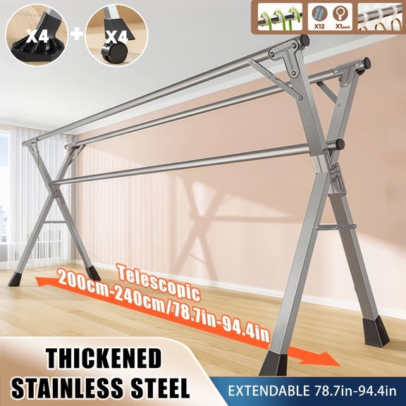 Foldable Space-Saving Clothes Drying Rack with Extendable Rod and Windproof Hooks, High-Capacity Metal Laundry Rack for Indoor & Outdoor Use, Ideal for Clothes and Bedding