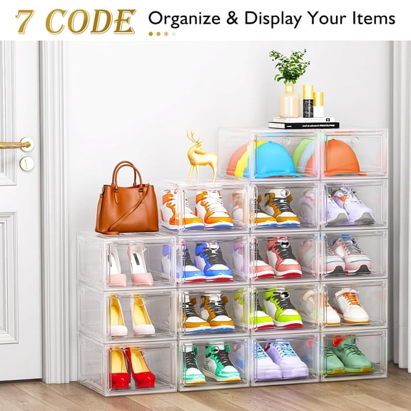 Foldable Space-Saving Shoe Rack, 12 Pack White Clear Plastic Shoe Boxes with Magnetic Door, Stackable Durable Closet Organizer for Sneakers, Boots and High Heels