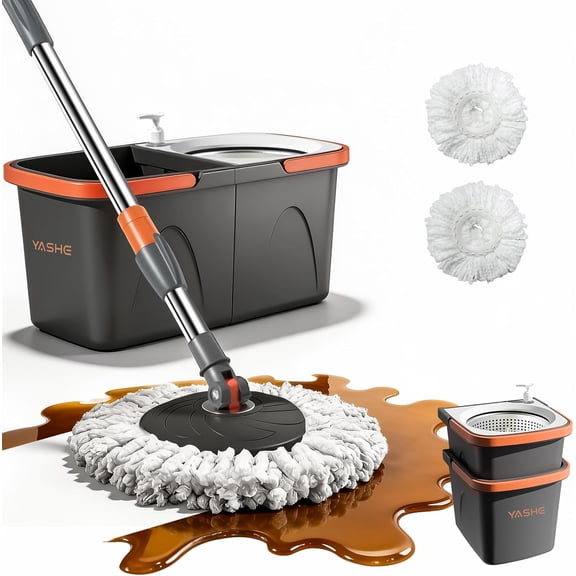 Foldable Spin Mop and Bucket System with Wringer, Dual-Bucket Cleaning Design, Stainless Steel Wringing Basket, Collapsible Storage with Detergent Bottle, 2 Reusable Microfiber Mop Heads