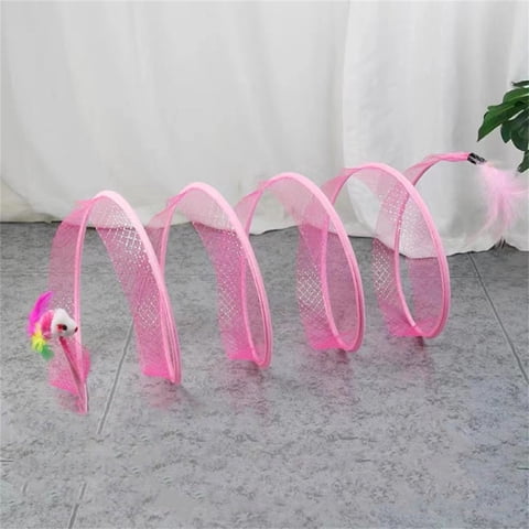 Foldable Spiral Cat Tunnel Toy Interactive Mesh Play Tube with Plush Mouse Feather Teaser Attachment Indoor Kitten Exercise Enrichment for Small Cats Pets Random Color