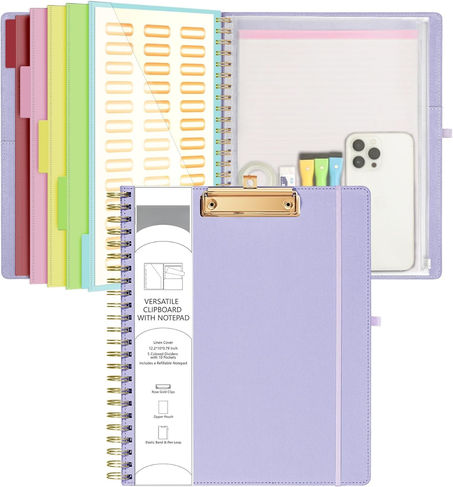 Foldable Notepad Foldable Spiral Clipboard Folio with Storage Zipper Pouch, 5 Plastic ...