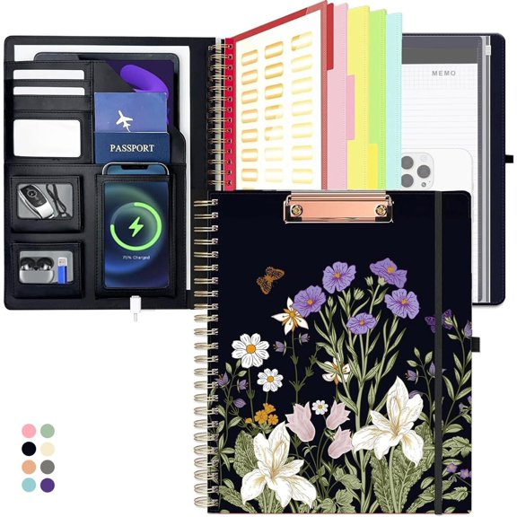 Foldable Spiral Clipboard Folio with Storage Zipper Pouch, 5 Plastic Folders with Pockets,Refillable Lined Notepad (8.5" x 11"), Hardcover Project Organizer with 36 Stickers,Weeds