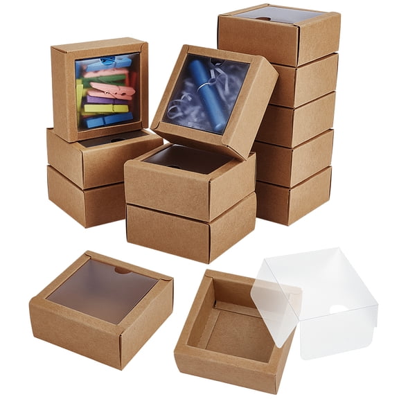 Foldable Square Paper Storage Gift Boxes Paper Packaging Cases with PVC Visible Window BurlyWood 8x8x3.5cm