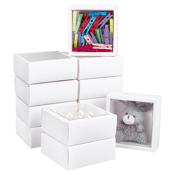 Foldable Square Paper Storage Gift Boxes Paper Packaging Cases with PVC Visible Window White 11x11x4.5cm
