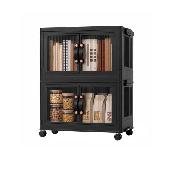 Foldable Stackable Storage Bins with Doors & Locking Wheels, Large Capacity Collapsible Plastic Storage Cabinet with Front Opening for Bedroom Dorm Office Black S 2T