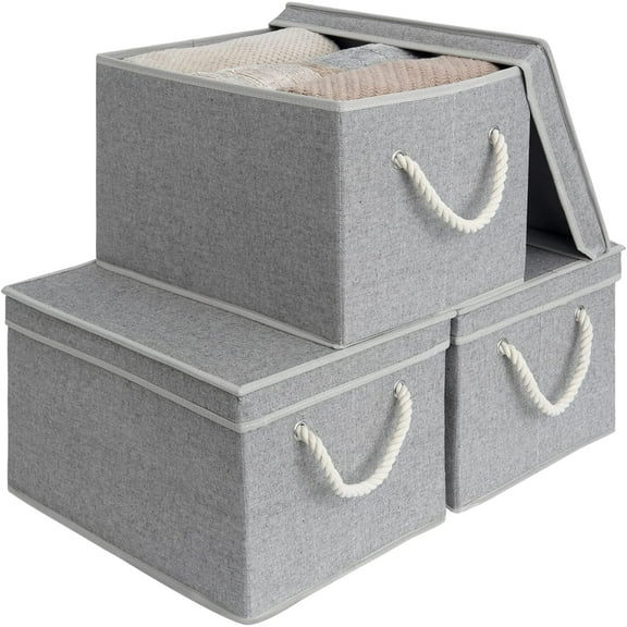 Foldable Stackable Storage Bins with Lids and Soft Rope Handles Gray Jumbo