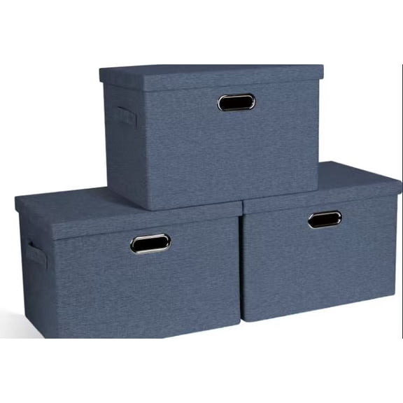 Foldable Stackable Storage Boxes (with Lids), 3-Piece Navy Linen Wardrobe Storage Set, Bedroom Storage Cubes with Handles (22.8x15.7x13.7)