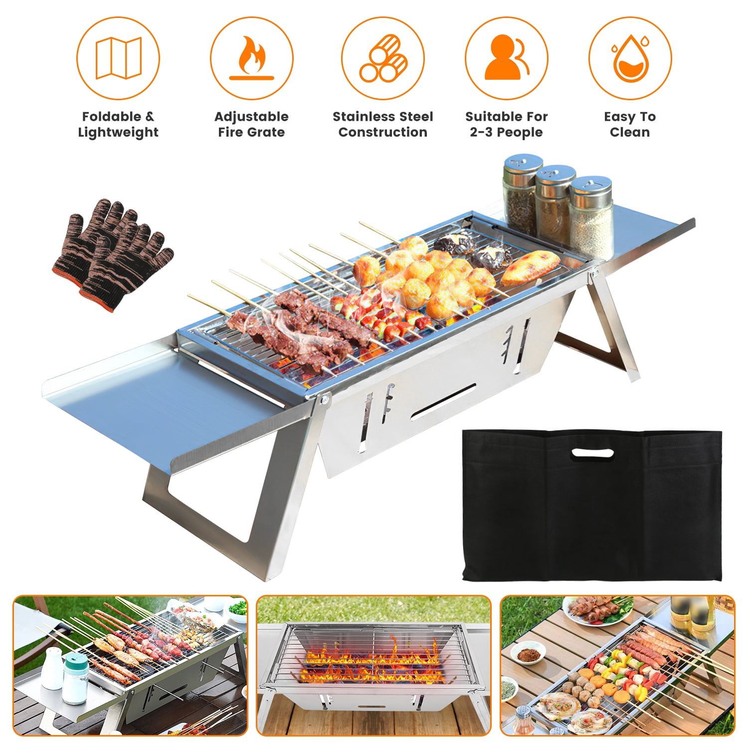 Foldable Stainless Steel Charcoal BBQ Grill: Portable Tabletop Barbecue for Camping, Picnics, Backyards, 3-in-1 Fire Pit & Slow Cooker, Easy Setup, 2-3 People