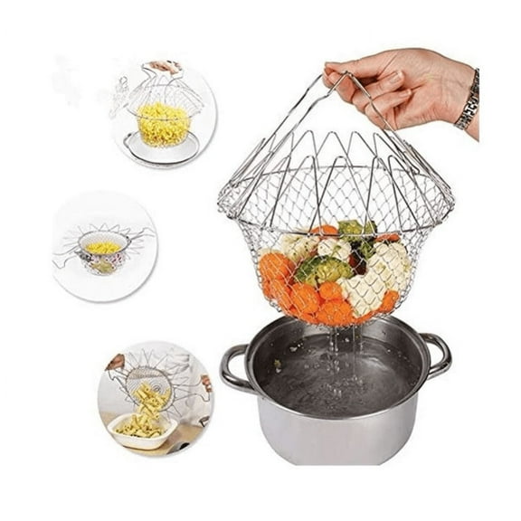 Foldable Stainless Steel Deep Fry Basket Multifunction Steam Rinse Strain Fry Strainer Net Telescopic Folding Basket Fry Basket for Fried Food or Fruits Kitchen Utensil Cooking Net Gadgets