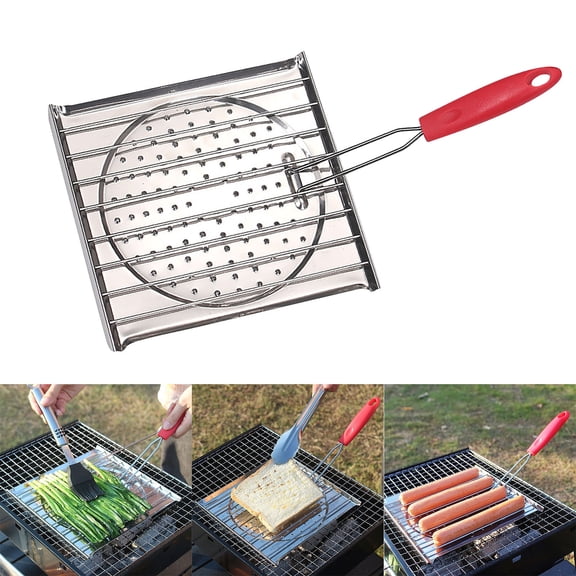 Foldable Stainless Steel Frying Pan with Handle - 29X20CM Outdoor Barbecue Grill Utensils for Even Cooking and Easy Storage white