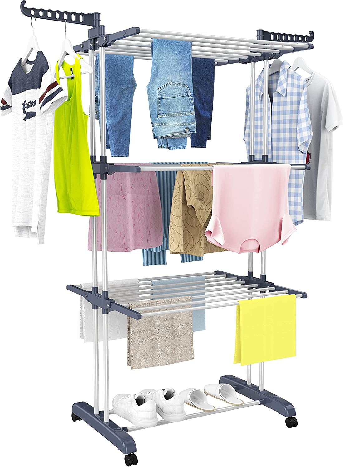 Foldable Gray Stainless Steel 4-Tier Drying Rack with Castors
