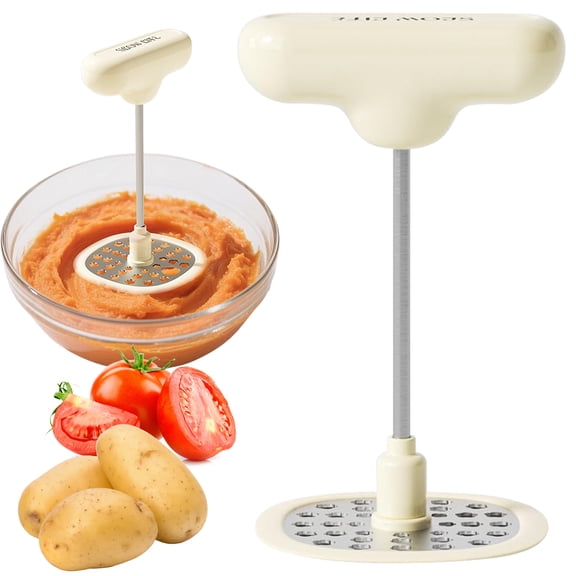 Foldable Stainless Steel Potato Masher - Flat Space-Saving Design, Ergonomic Handle & Perforated Head, Perfect for Mashing Vegetables, Beans & Fruits, Dishwasher Safe, Beige