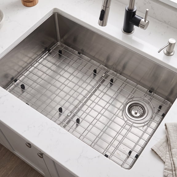 Foldable Stainless Steel Sink Rack 28‑1/4" x 14‑1/4", Sink Protectors for Kitchen Sink, Sink Bottom Grid with Offset Drain Hole, Anti‑Slip Kitchen Sink Grid Protector