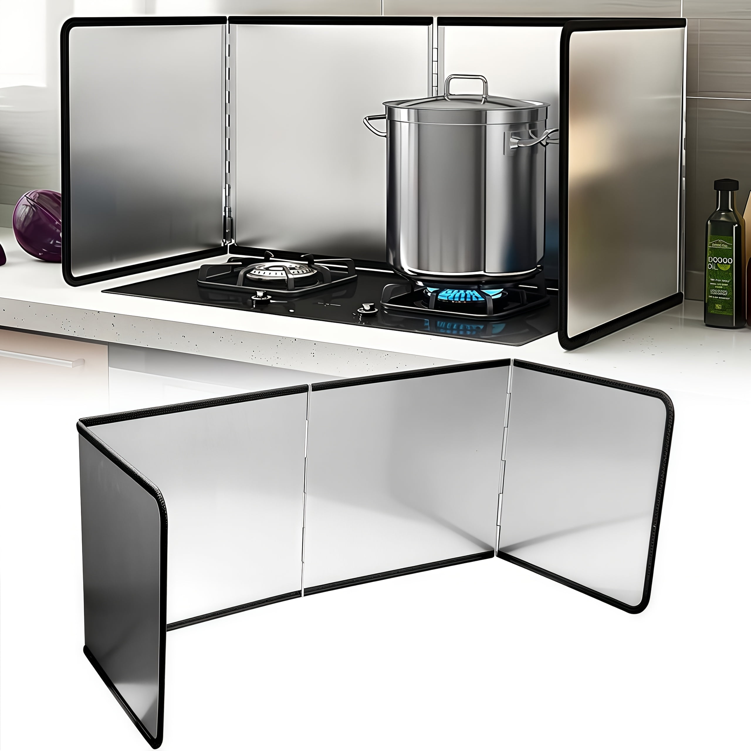 Foldable Stainless Steel Splatter Guard - 4-Sided Heat-Resistant Shield with Nonstick Coating for Frying Pans, Gas Ranges, Kitchen Backsplash Protection (Holiday Design)